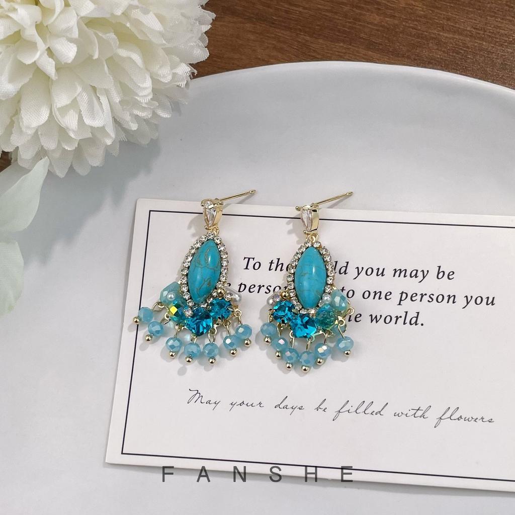 Spring/Summer New Ethnic Style Turquoise Floral Tassel Earrings for Women, Niche High-End Elegant Vacation Stud Earrings