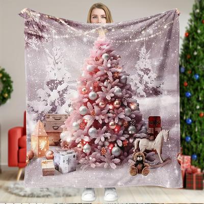 1 Stück Rosa Decke mit Weihnachtskiefern-Aufdruck Hautfreundlich Weiche Decke Waschbar 2025 Neu für Zuhause Schlafzimmer Weihnachtsdekoration