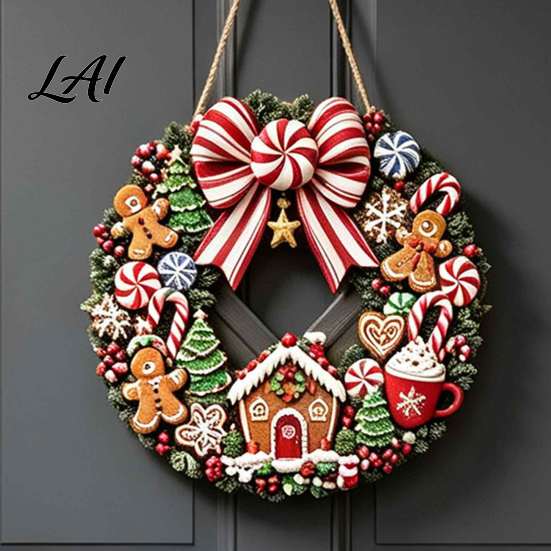 Xmas Party Hanging Ornament Gingerbread Man Wreath Wooden Sign for Front Door Retro Christmas Plaque with Vintage Style Candy Cane Garland