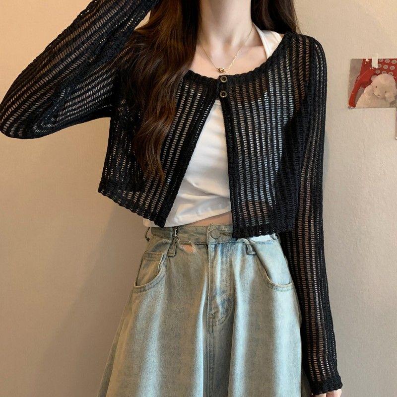 

Ажурный кардиган для защиты от солнца, тонкий, женский, летняя верхняя одежда, полушаль, накидка, короткий сетчатый трикотажный топ One size чёрный