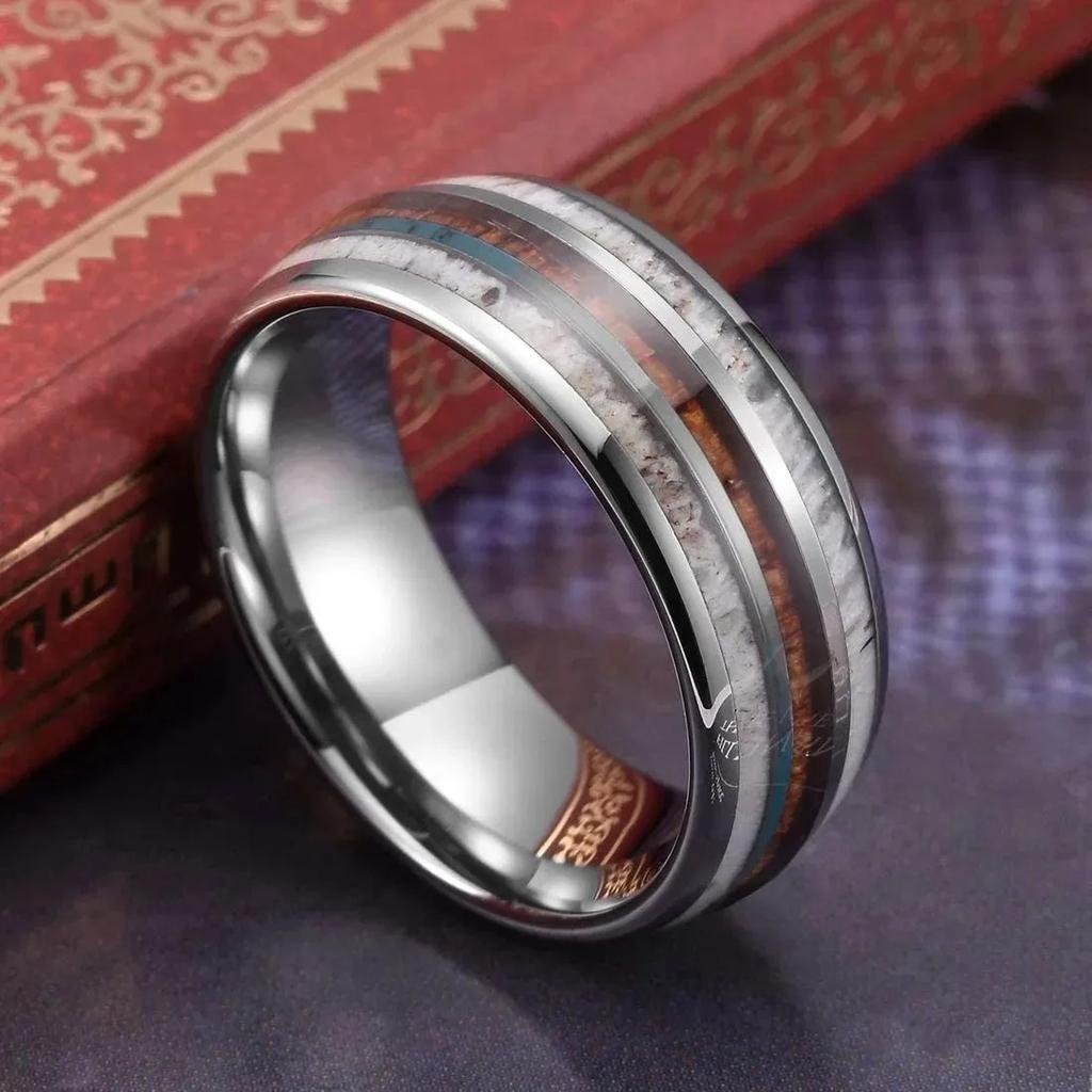 Fashion Copper Color Men's Stainless Steel Rings Koa Wood Deer Antler Inlay Dome Engagement Rings For Men Women Wedding Jewelry