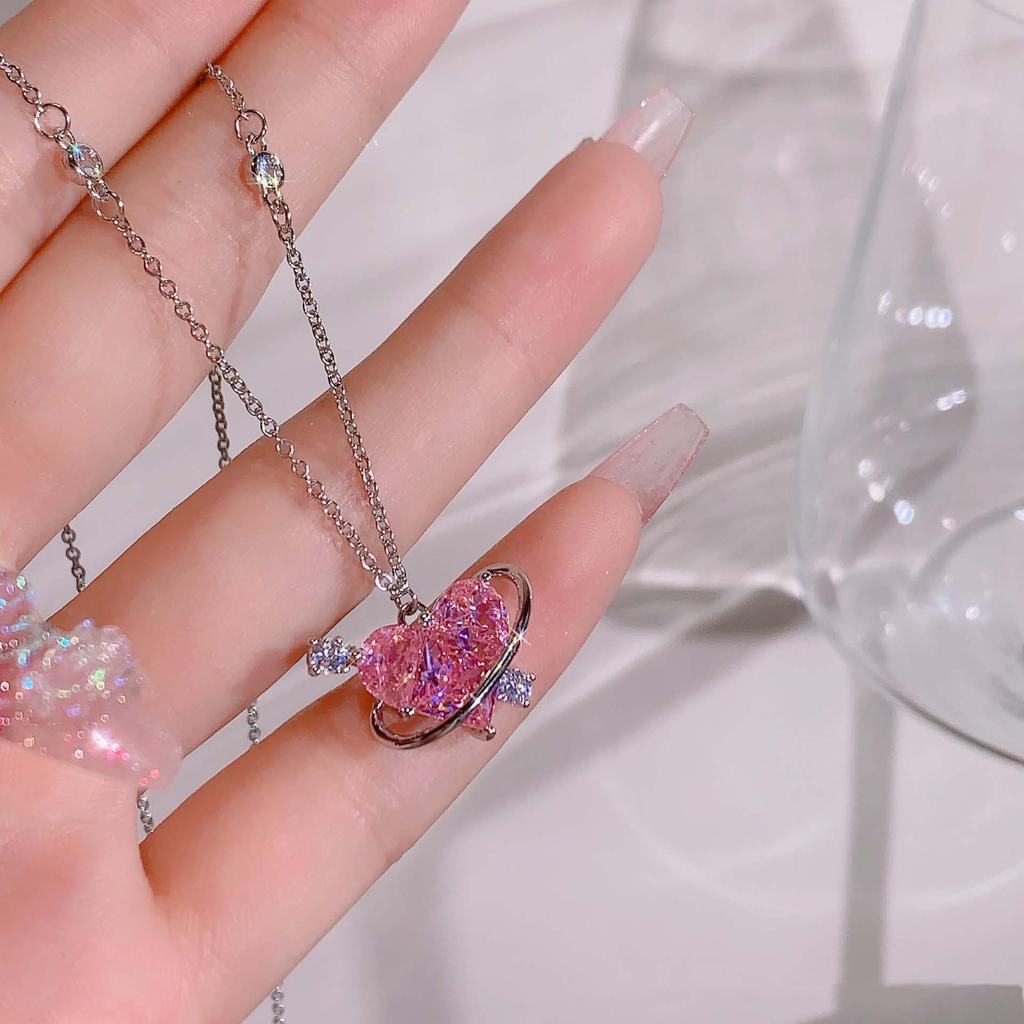 Korean Fashion Pink Crystal Heart Bow Tie Pendant Necklace Silver Color Chain Neck Necklace for Women Wedding Aesthetic Jewelry
