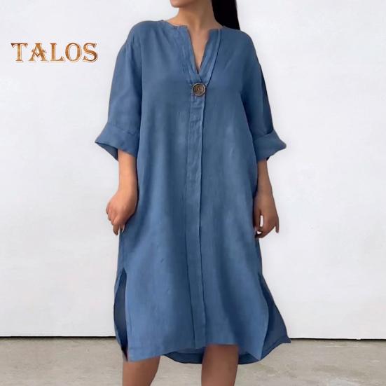 Robe mi-longue ample à col en V et manches trois-quarts pour femme, couleur unie, ourlet fendu, boutons décoratifs, tenue quotidienne décontractée