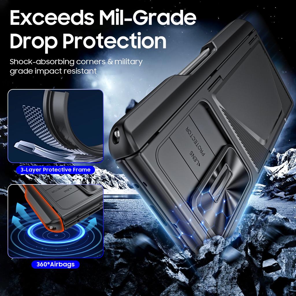 For Samsung Galaxy Z Fold 6,Back Card Pack,Integrated Pen Slot,Full Coverage 9H Protective Film,Shockproof Phone Case-Black