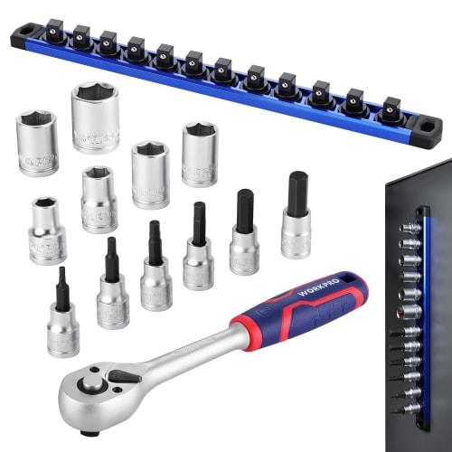 WORKPRO 14-Piece 9.5mm Drive Socket Wrench Set with Ratchet Wrench, Ratchet Handle, Rotation Direction Switch, Quick Release, 8-17mm Bit Sockets, H3,