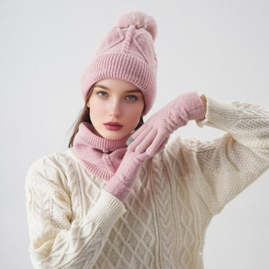 3Pcs/Set Women Hat Scarf Gloves Set Solid Color Design Twist Texture Thickened