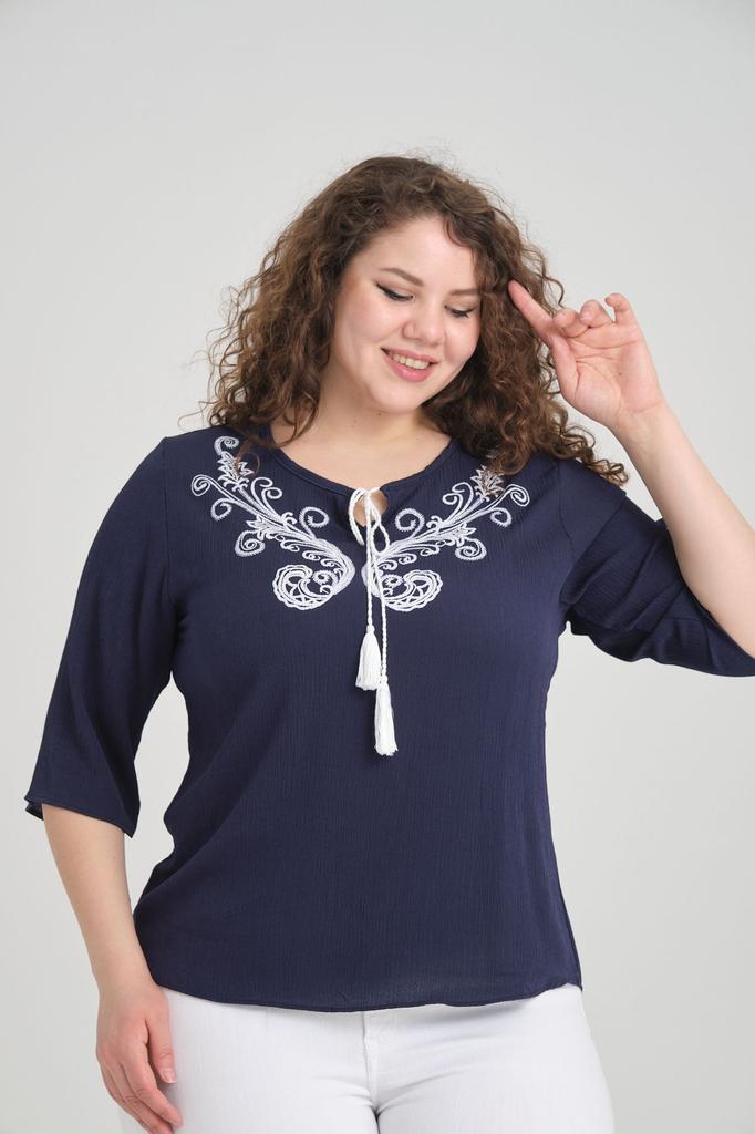 Damen-Bluse in großen Größen, Marineblau, ethnisch gemusterte Quasten-Bluse in Übergröße