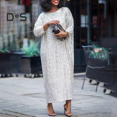 Women Dress Oversized O Neck Shiny Sequin Three Quarter Sleeve Ankle Length Soft Pullover Elegant Commute Style Lady Maxi Dress