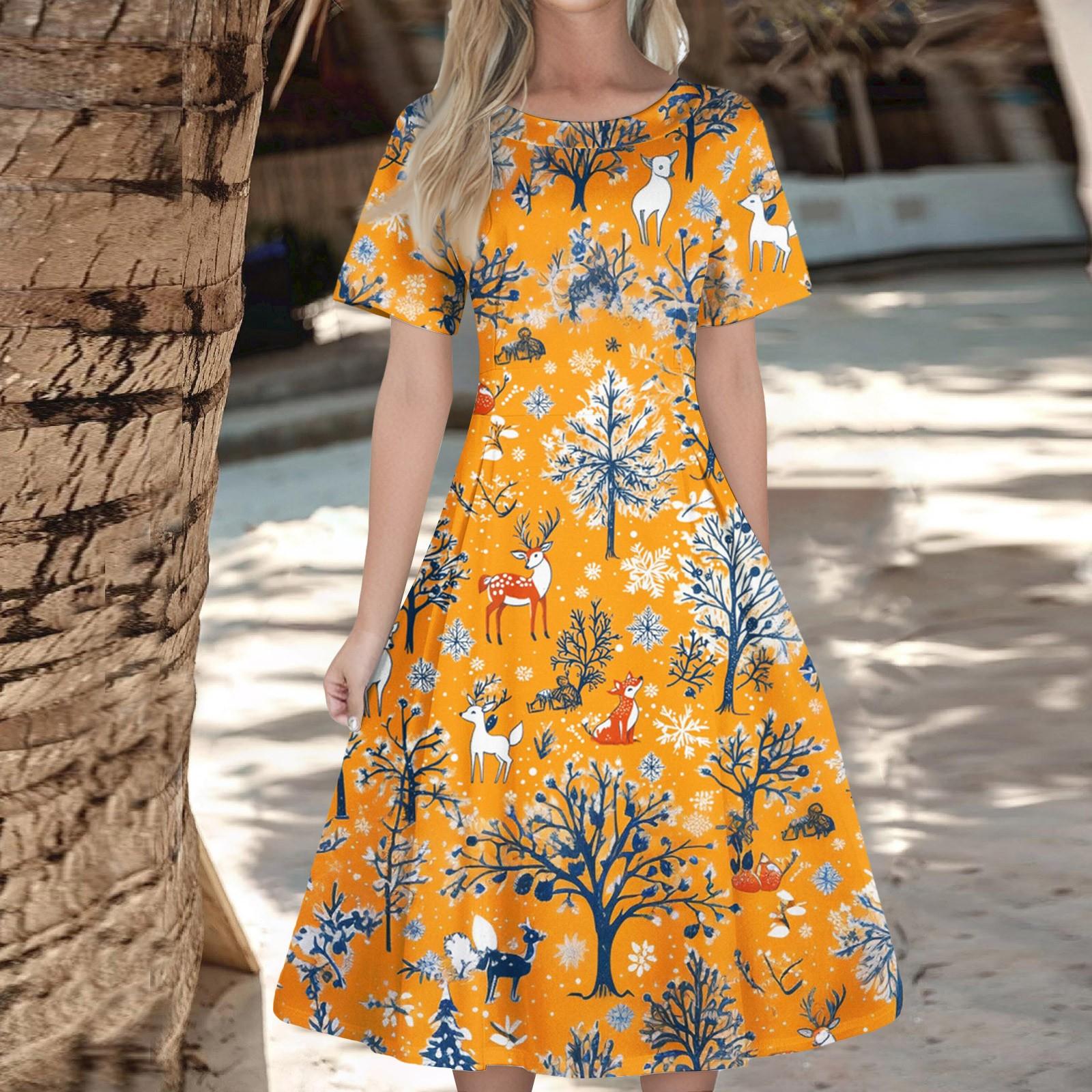 

Women s Casual Fashion Dress Animal Floral Print Round Short Sleeve Waist Mid-Length Swing Dress (with Zipper) XL жовтий
