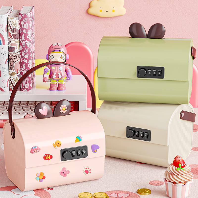 Children's Lockable Storage Box Piggy Bank with Stickers DIY - Cute Handheld Design
