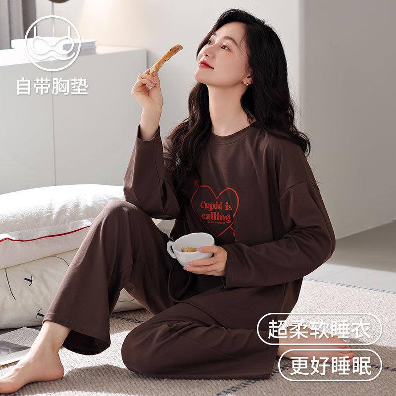 Women's Spring and Autumn Pajamas with Chest Pads, Pure Cotton Long-sleeved 1011 New Autumn Thin Casual Loose Loungewear Set