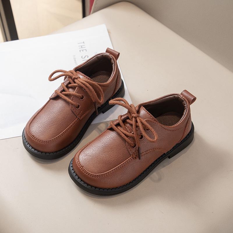Chaussures en Cuir à Lacets Noir Mat pour Garçons – Antidérapantes, Respirantes, Velcro, Style Britannique, Tenue Décontractée Printemps & Automne