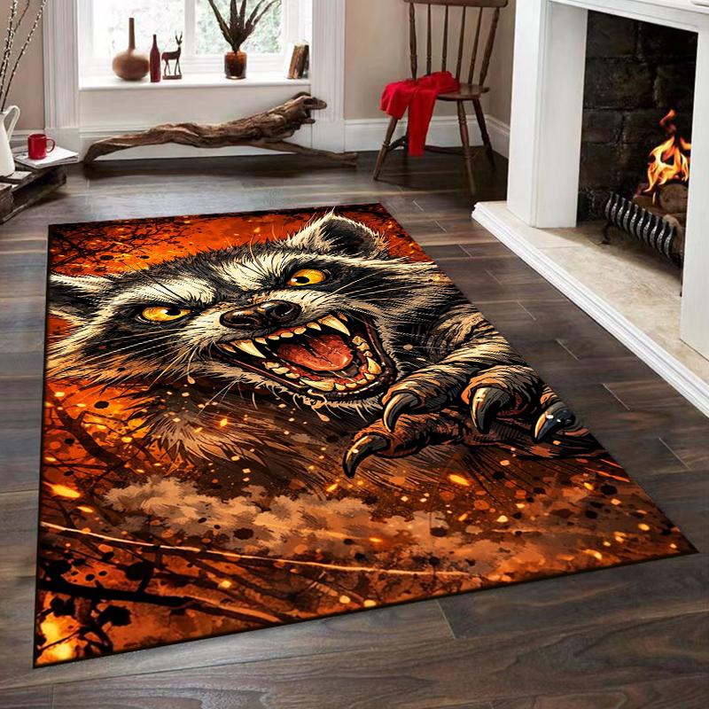 Fierce raccoon graphic in fiery scene Non-slip rug suitable for living room and bedroom sofas