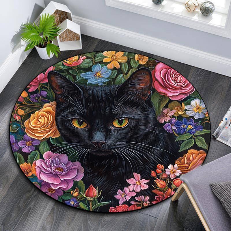 Black Cat Floral Round Area Rug,Carpet Rug for Living Room Bedroom Sofa Playroom Decor,Non-slip Floor Mat