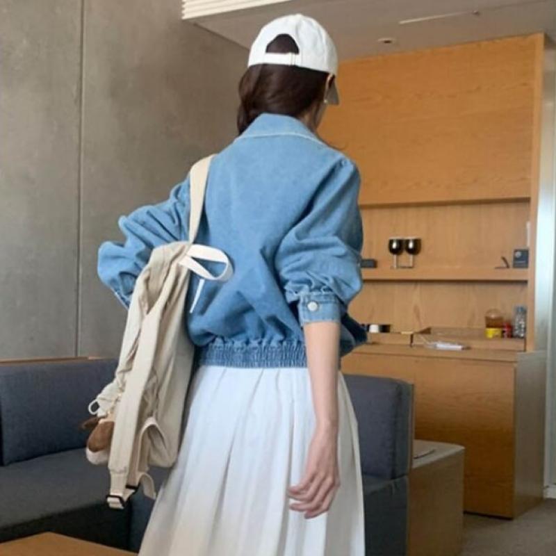 Shop Women S elaStic Hem Zip Up Denim Jacket Light Blue Wld Wjk SiS583