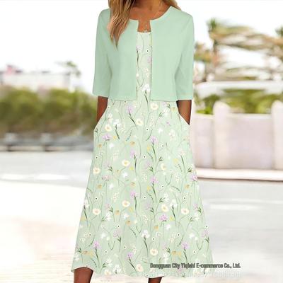 2026 Floral Element 3D Print Round Neck Casual Dress Set