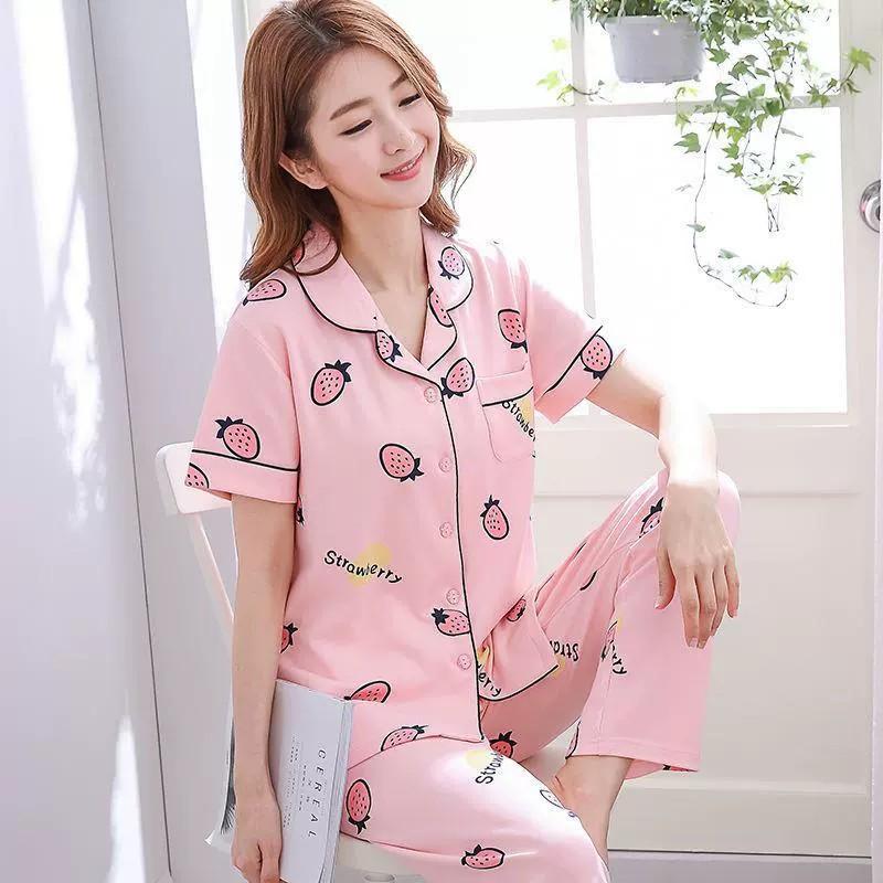 Pure cotton pajamas women's summer short-sleeved trousers two-piece set spring and summer loose casual loungewear can be worn outside