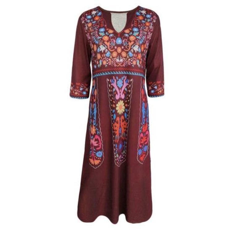 Plus Size Lady Dress V Neck Three Quarter Sleeves Bohemian Sexy A Line Loose Hem Pockets Retro Ethnic Style Print