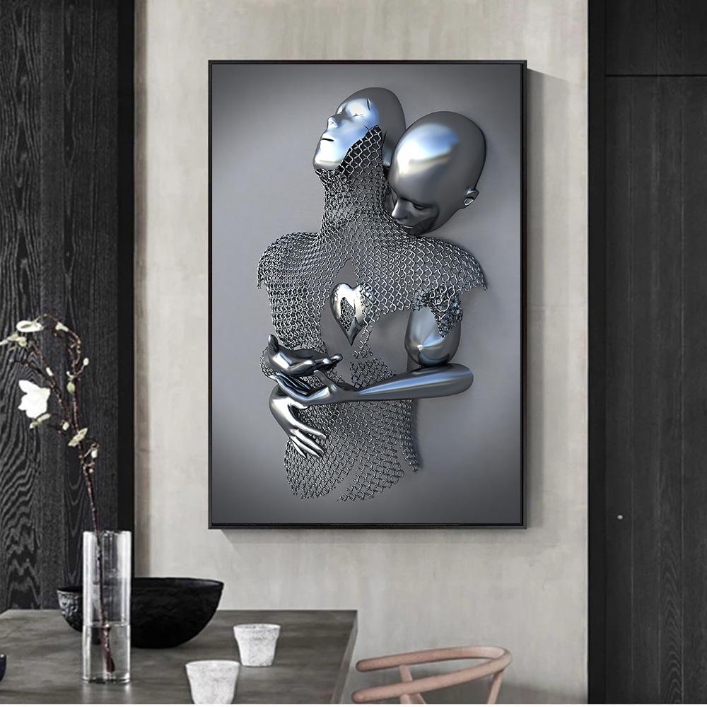3D Love Heart Grey Art Painting On Canvas Metal Figure Statue Art Posters and Prints Wall Pictures for Living Room Home Decor