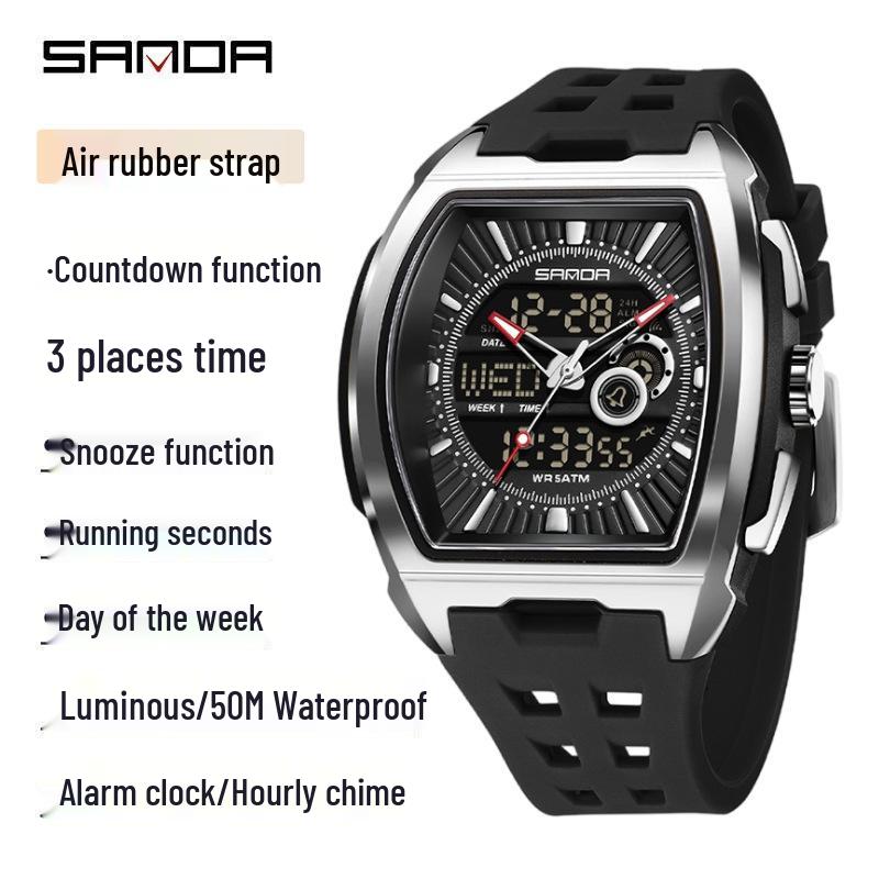 Sanda Men's Sports Barrel-Shaped Luminous Countdown Watch with Triple Time Zone and Dual Display, Waterproof Design.