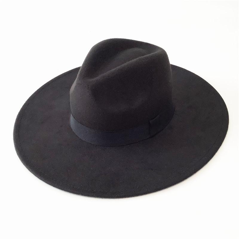 Black Jazz Hat Men's and Women's Fashion Webbing Bow Woolen Top Hat Autumn and Winter.cm Big Eaves Hat