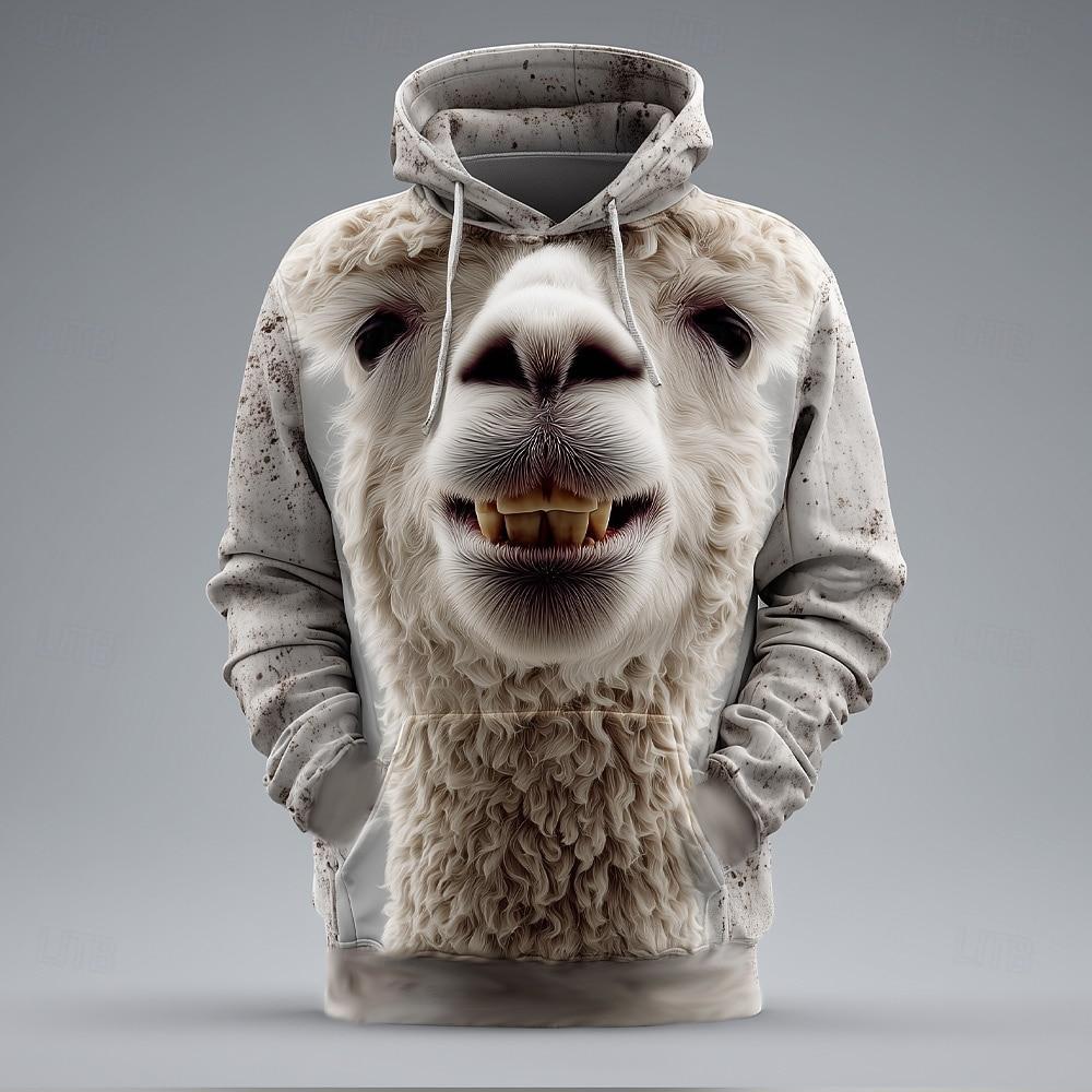 Pánská mikina s kapucí s optickou iluzí zvířete Módní Cool s kulatým výstřihem Domácí párty Streetwear Bílá Hnědá Stahovací šňůrka Podzim Zima Designér