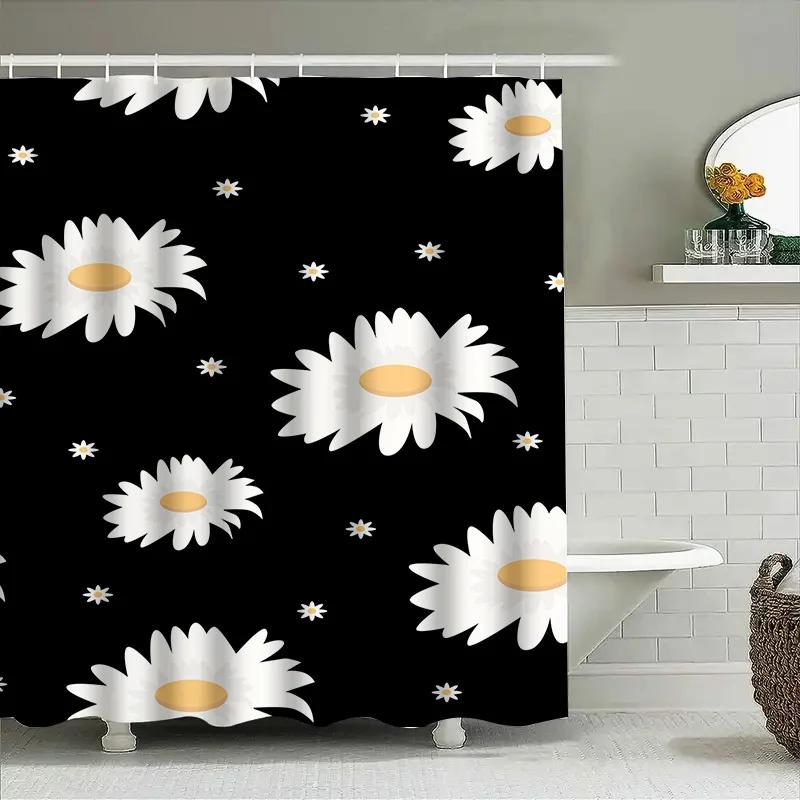 Bathroom Decor Shower Curtain Waterproof Printing White Daisies Black Background Decorative Bathtub Cover Water Repellent Home A
