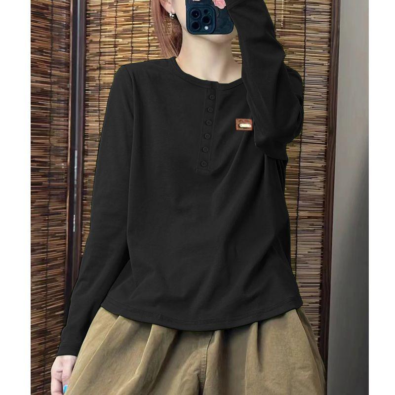 Casual Long-sleeved Bottoming Shirt New Autumn Wear Simple Korean Fashion Loose Button Splicing T-shirt for Women