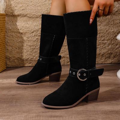 Mode Retro Wildleder Schwarz Western Cowboy Stiefel Damen 2025 Winter Spitzzehe Dicker Absatz Lange Stiefel Metallgürtelschnalle High Heel Schuhe 42