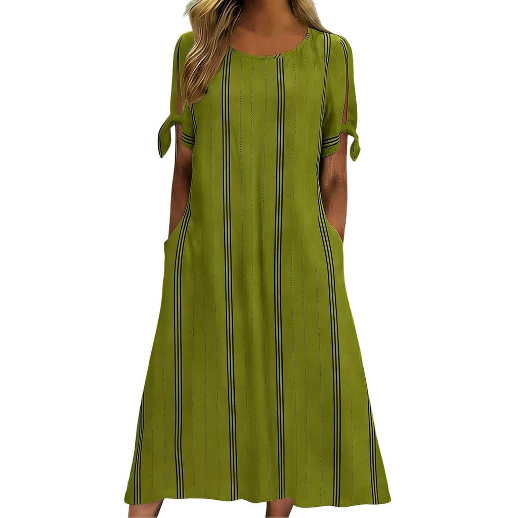 Women Summer Casual Round Neck Striped Dress Short Sleeve Loose Fit Midi Dress with Side Tie Sleeves and Pockets