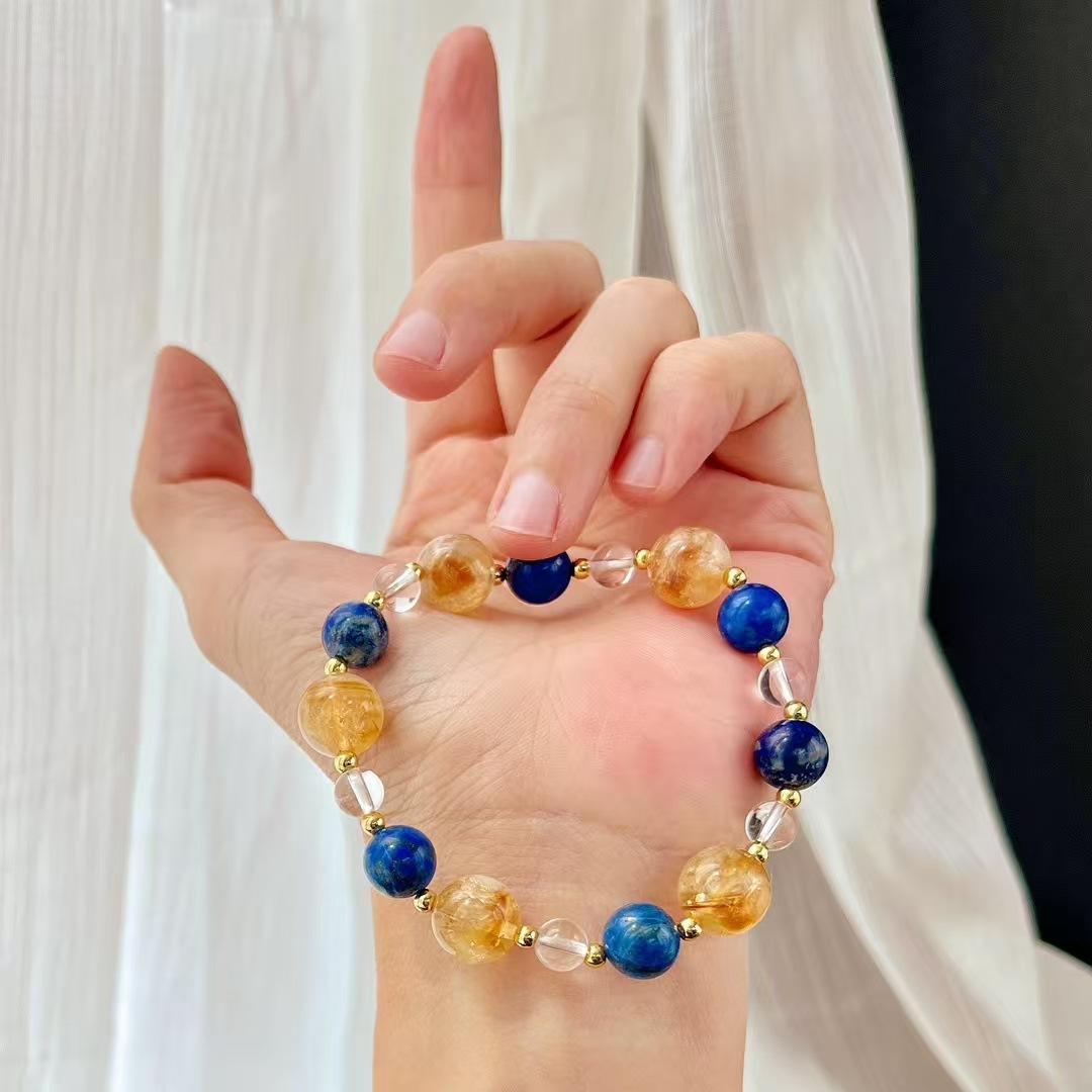 Retro High Quality Natural Lapis Lazuli White Crystal Citrine Contrasting Color Design Bracelet Bracelet