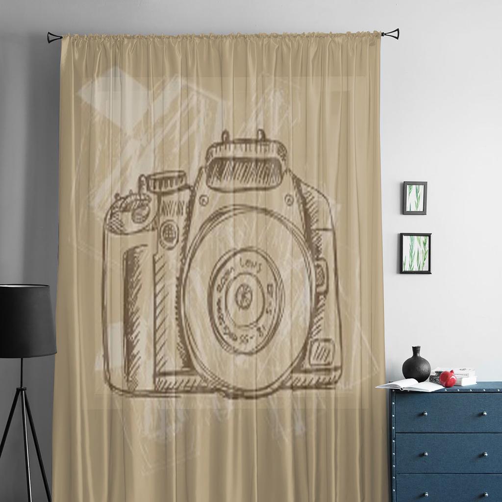 Przezroczyste zasłony woalowe z motywem aparatu fotograficznego do salonu, transparentne tiulowe dekoracje okienne do sypialni, kuchni, dekoracja domu, zasłony