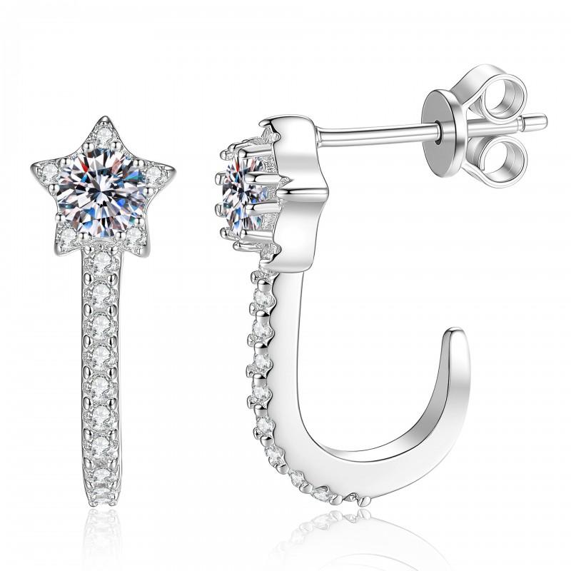 Sterling Star Stud Earrings With Moissanite CZ Pave Delicate U-Shaped Five-Point Women Office Chic Daily