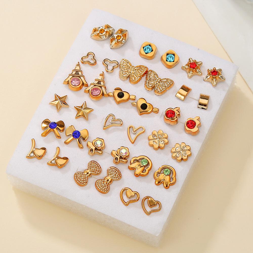 Popular 18 Pairs of Small Stud Earrings, Geometric Multi-pattern Cartoon Versatile Alloy Earrings