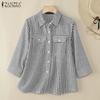 ZANZEA Women Turn Down Collar Loose Casual 3/4 Sleeve Stripe Blouse