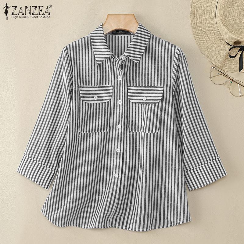 ZANZEA Women Turn Down Collar Loose Casual 3/4 Sleeve Stripe Blouse