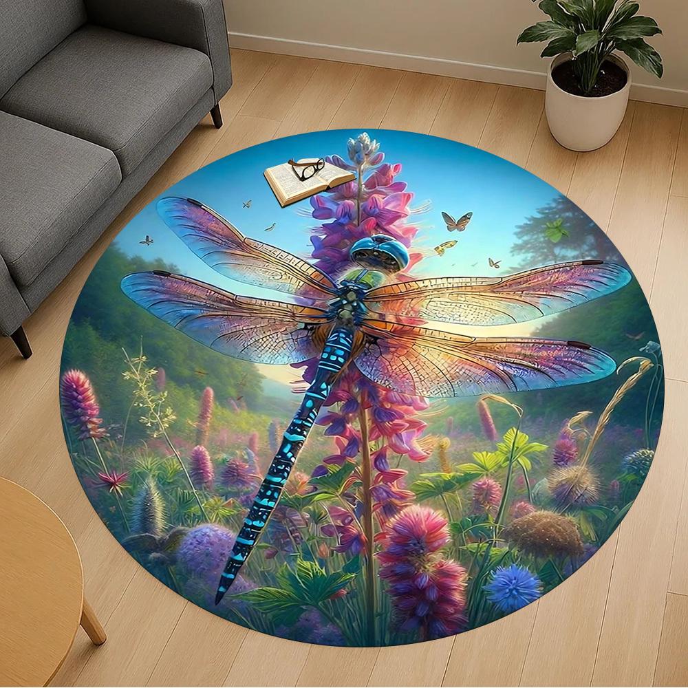 1pc Dragonfly Wildflowers Round Chair mat Area Rug - Non-Slip, Floor Mat for Office, Bedroom, home decor Christmas Gift-1002333