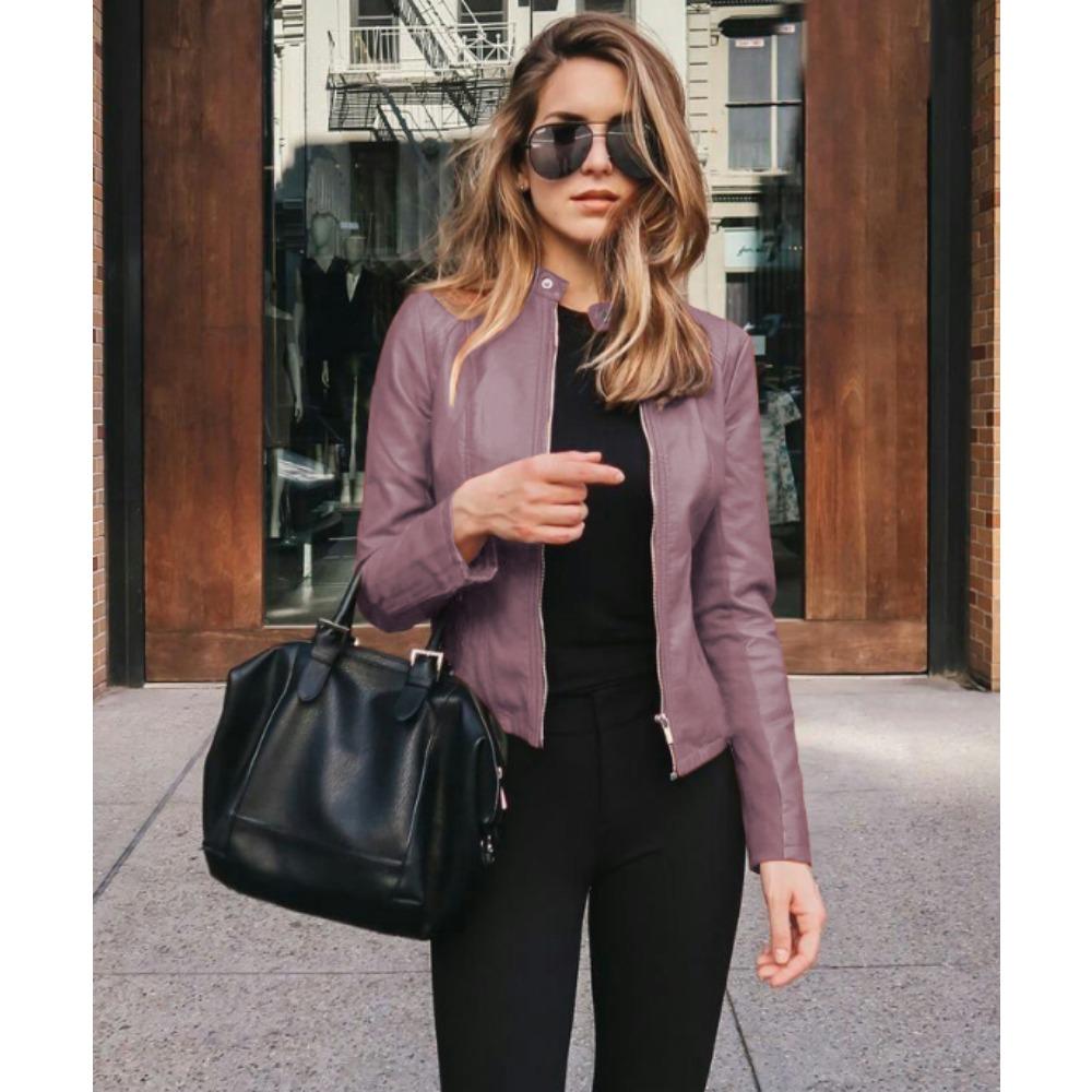 

Весенне-осенняя модная куртка с воротником-стойкой большого размера, женская тонкая универсальная куртка из искусственной кожи, топ, женский однотонный кардиган S фиолетовый