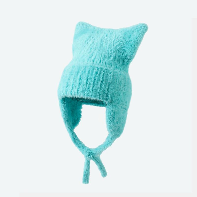 Шапка женская однотонная вязаная шерстяная шапка с милыми кошачьими ушками зимняя теплая шапка с ушками