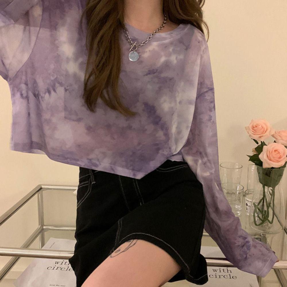 Sheer Mesh Sun Proof Shirt Tie Dye Sheer Long Sleeve Trendy Mesh Sun Protection Top  Beach Cover Up
