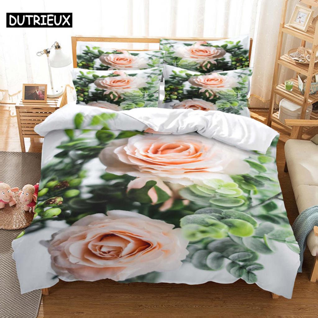 Comforter Pink Rose Bedding Set Linens Quilt Comforter 3D Pillow Case Double Full King Queen Twin Single 3Pcs 2Pcs Home Texile