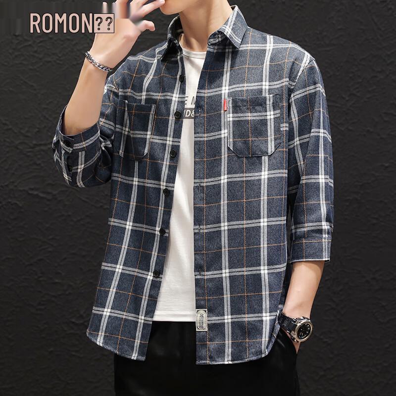 Romon Men s Slim Fit Seven-Sleeve Plaid Shirt 2XL