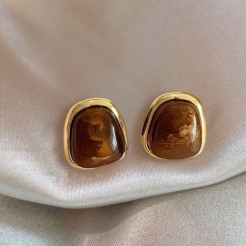 Vintage Brown Resin Tiger Eye Stone Dangle New Earrings for Women Fashion Silver Needle Earring Personality Melard Color Jewelry