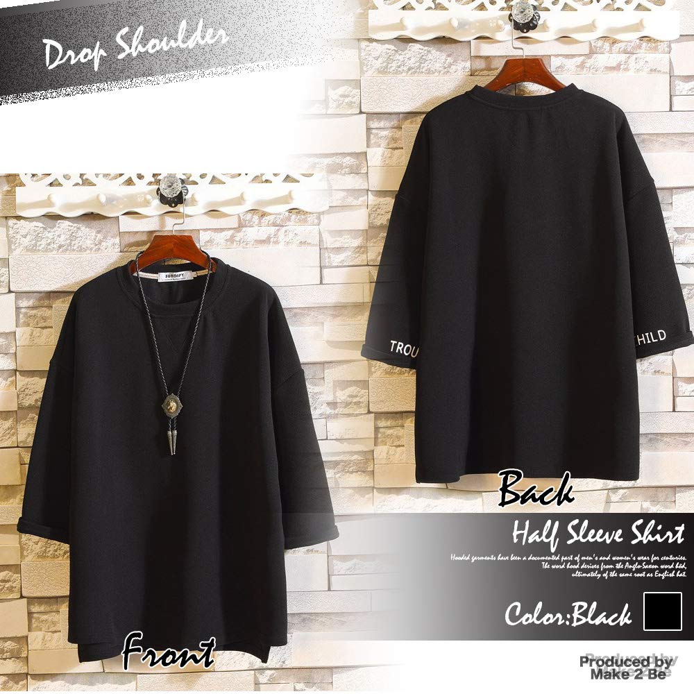 2 big drop shoulder MF91 [Make Be] Loose, wide, silhouette, T-shirt, men's, 3/4 sleeve, summer, (01.Black_M)