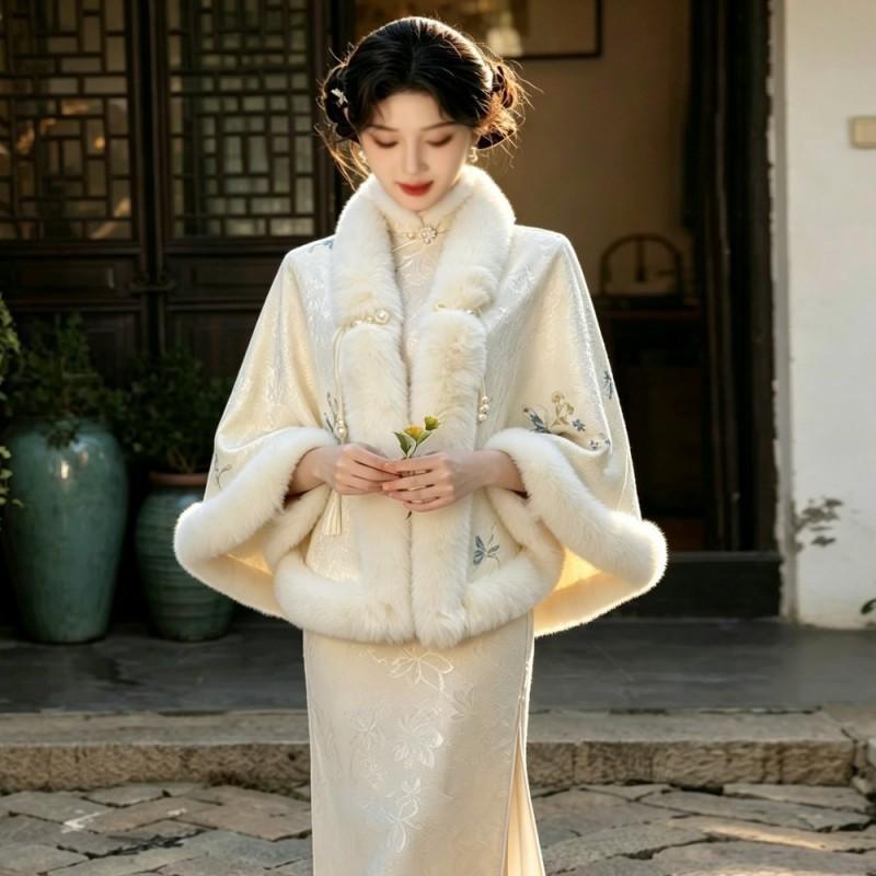 Winter Solid Color Knit Cape Shawl With Fur Trim Warm Cheongsam Outerwear Women
