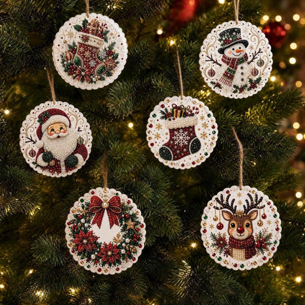 6 Wooden Christmas Ornaments DIY Pearl Art Kits for Adults, Hanging Diamond Art Christmas Ornaments Set with Pearls