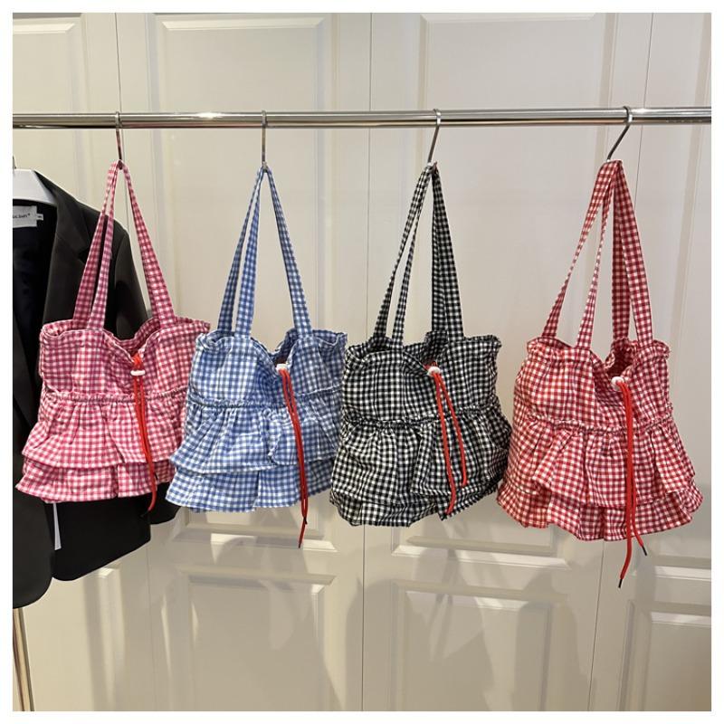 Women's Plaid Large Capacity Shoulder Bag Versatile Drawstring Simple Tote Bags Splicing Commuting Shopping Casual Underarm Bag