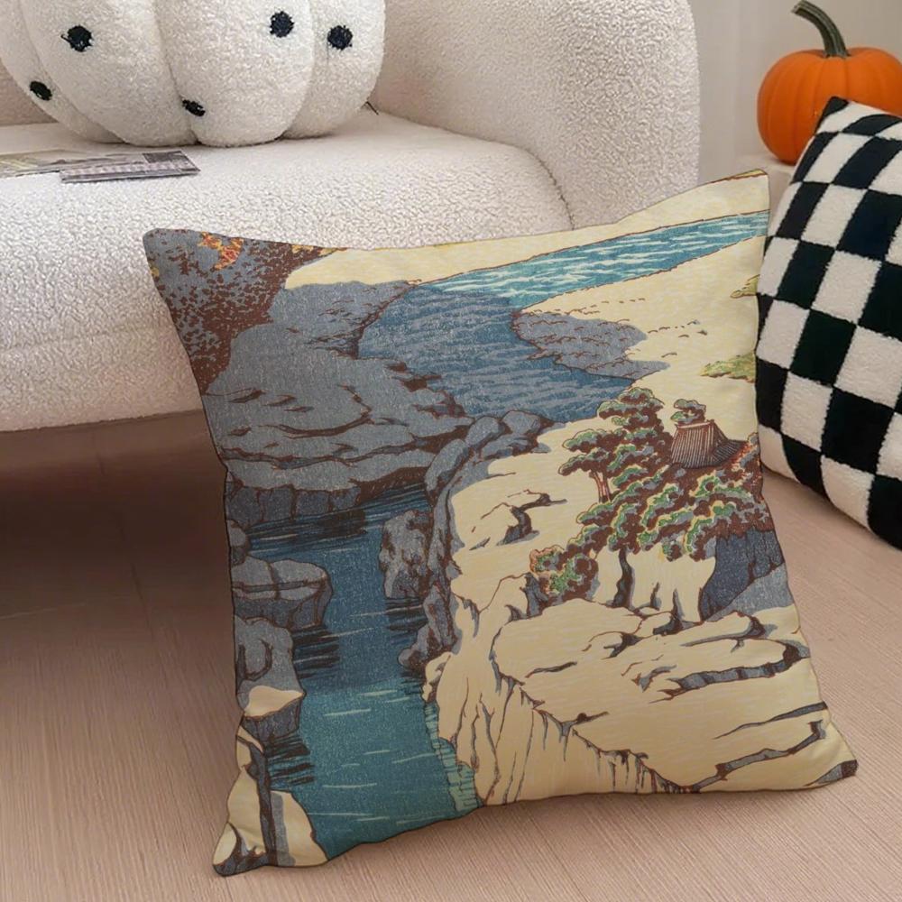 Hasui Kawase Cushion Cover Throw Pillow Cover Hidden Button Durable Polyester Chair Cushion