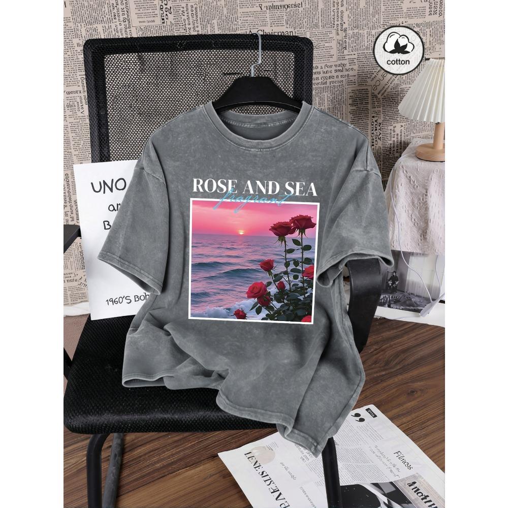 Beautiful Rose And Sea Print Washed T-Shirt Women Summer Crewneck T Shirt Y2K Loose Short Sleeve Cotton Streetwear