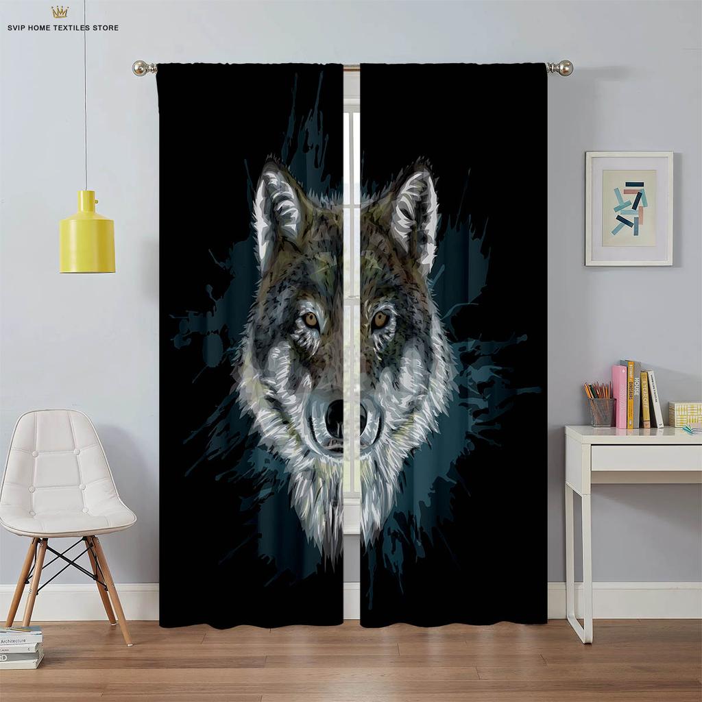 Tier Star und Wolf 3D-gedruckte Vorhänge, Geeignet für Schlafzimmer, Wohnzimmer, Arbeitszimmer, Küche, Fensterdekoration, 2 Stück